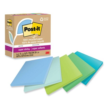 Post It Notes Super Sticky 100% Recycled Paper Super Sticky Notes, 3 x 3, Oasis, 70 Sheets/Pad, 5PK 70007079968